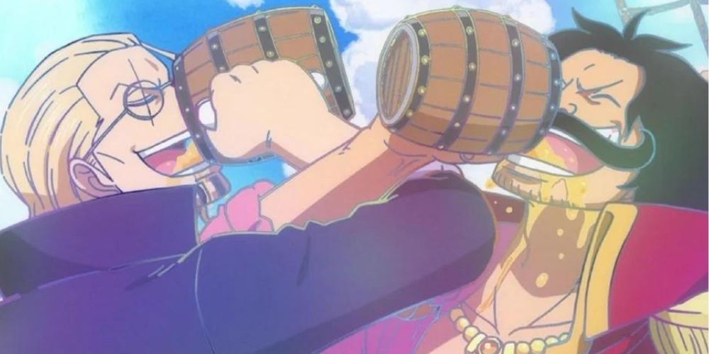 Gol D. Roger and Silvers Rayleigh drinking together in the One Piece anime.