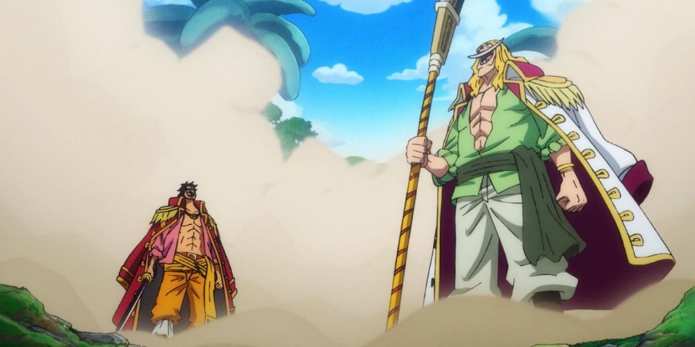 Gol D. Roger and Whitebeard laughing together in the One Piece anime