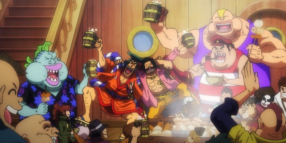 Gol D. Roger partying with Kozuki Oden and the rest of his crew in the One Piece anime.