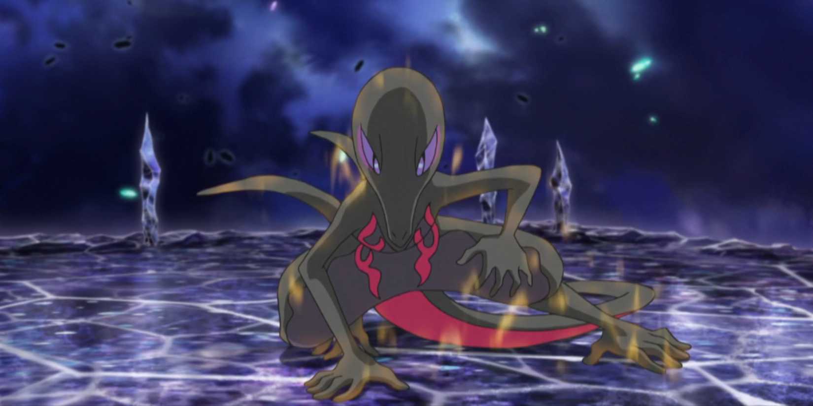 Salazzle crawling across a crystal terrain