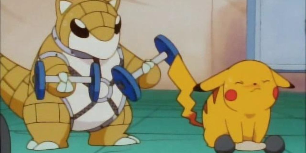 Sandshrew and Pikachu training together in the Pokemon anime.
