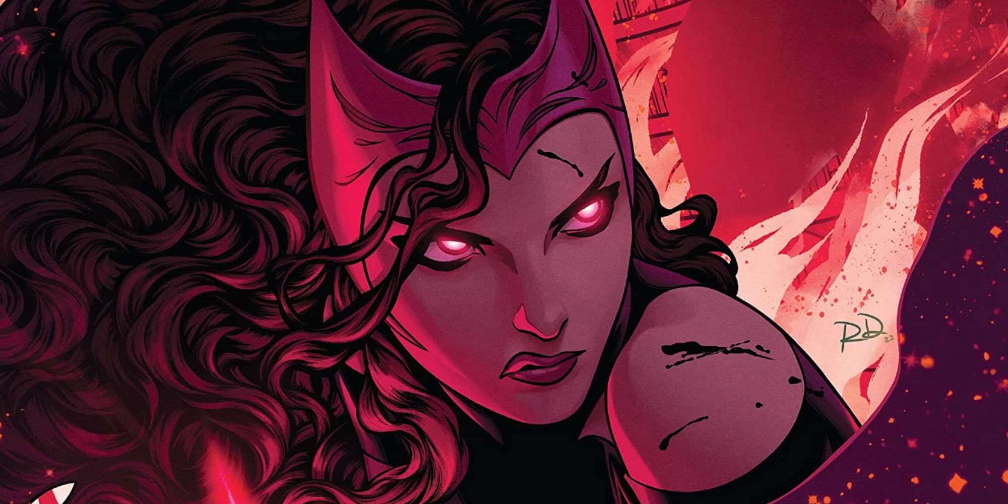 Scarlet Witch with red eyes surrounded by fire