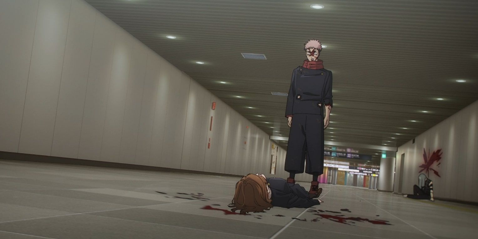Itadori Yuji em pé sobre o cadáver de Nobara Kugisaki