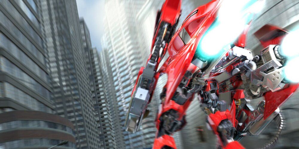 Red mech flying through a city