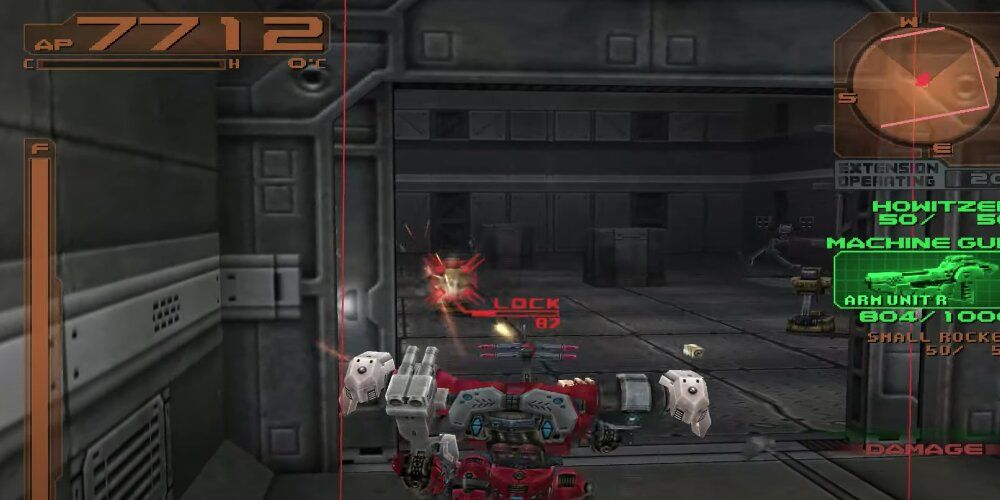 Red mech shooting at targets in a corridor 