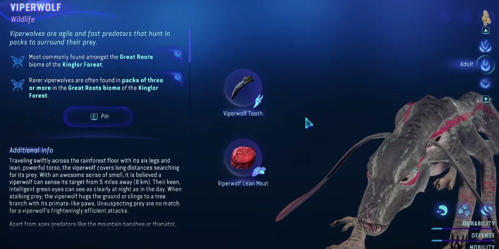 Viperwolf database in Avatar: Frontiers of Pandora