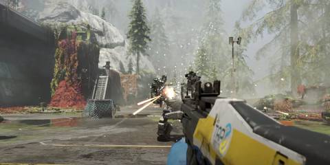 Player firing an SMG at a mech in Avatar: Frontiers of Pandora
