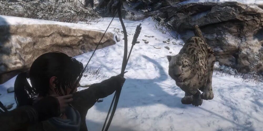 Lara apontando seu arco e flecha para um grande gato branco 