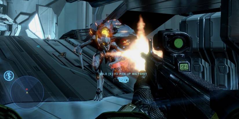 Master Chief firing at a Promethean 