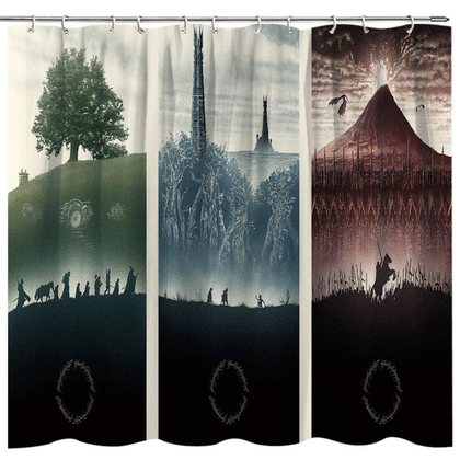 A 3-part shower curtain with Lord of the Rings movie posters
