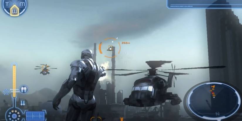 Tony Stark firing at helicopters