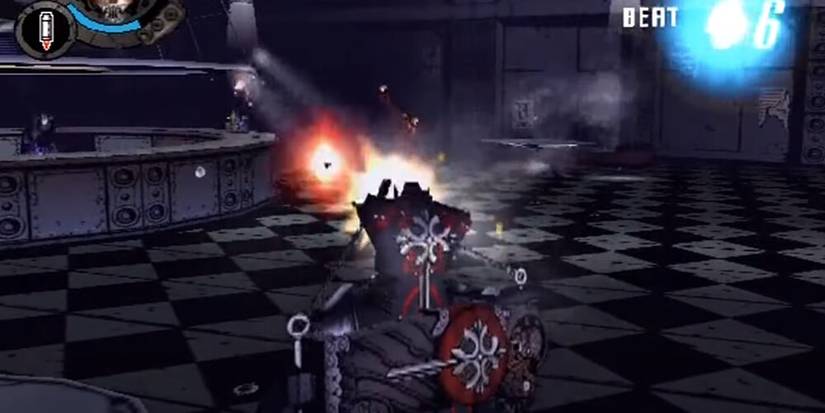 Character firing two handguns at a bar full of enemies