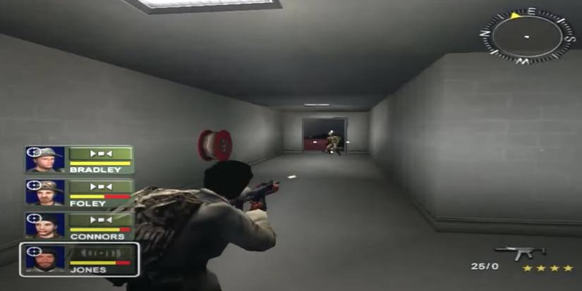 Soldier firing at an enemy in a corridor 