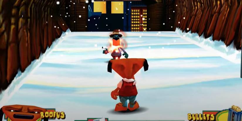 Dog character firing a pistol at an enemy in a snowy area 