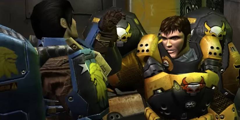 Two soldiers in power armor in combat 