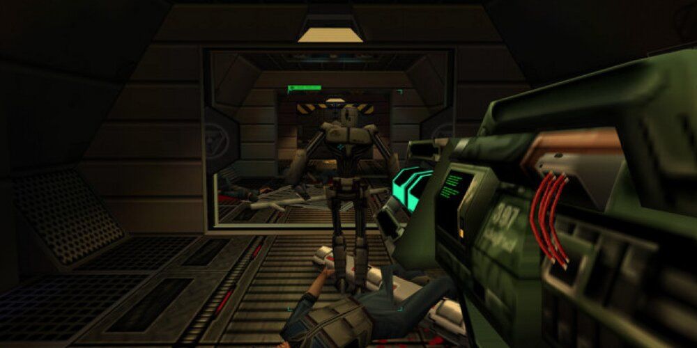 Player aiming a rocket launcher at a robot enemy 