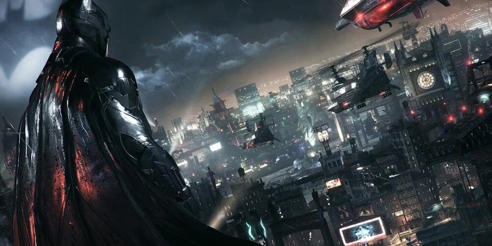 Batman looking over Gotham from a rooftop 