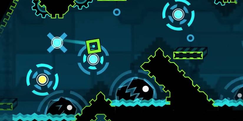 Cube jumping over shark enemies in Geometry Dash