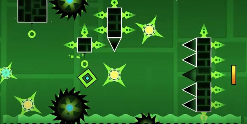 Cube jumping through a green area filled with spikes and saws 