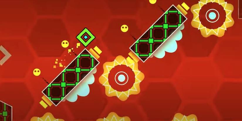 Green cube jumping on diagonal platforms 