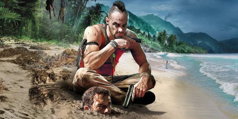 Vaas sitting on a beach with Jason's head in the sand 