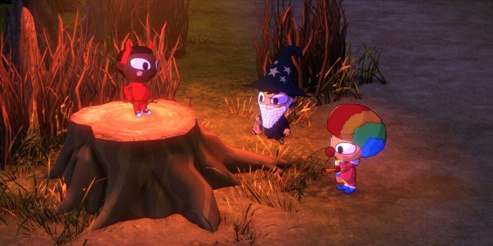 Two dressed up characters talking to a small boy standing on a tree trunk 