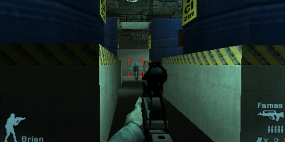 Player aiming at an enemy with an assault rifle 