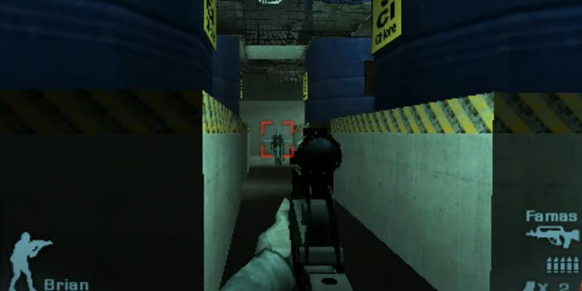 Player aiming at an enemy with an assault rifle 