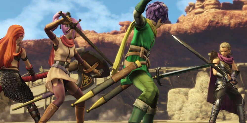 3 characters raising their swords against an enemy combatant in Dragon Quest Heroes 2