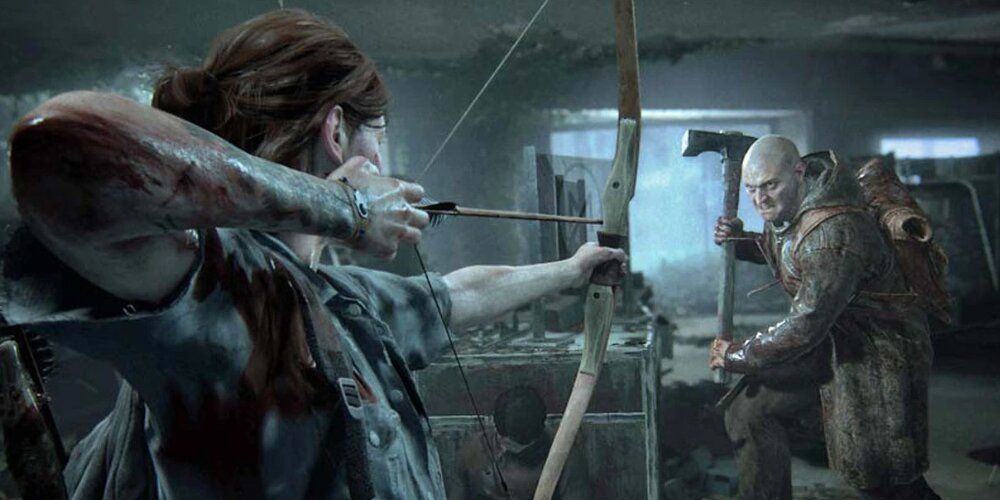 Ellie aiming a bow and arrow at an enemy 