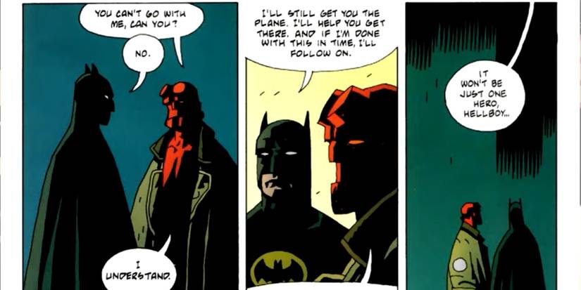 An image of Batman and Hellboy having a conversation