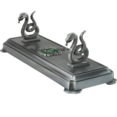 A metal Slytherin House Wand Stand 