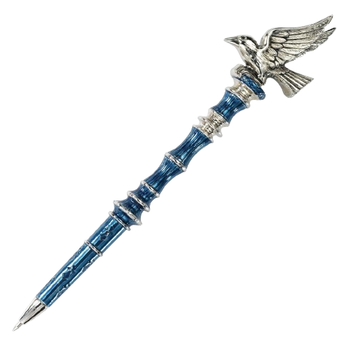 A blue pen with a metal raven topper