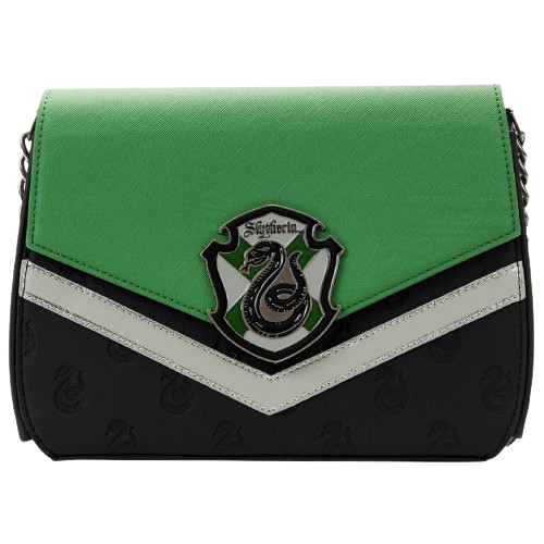 A Green and black striped purse with Slytherin crest