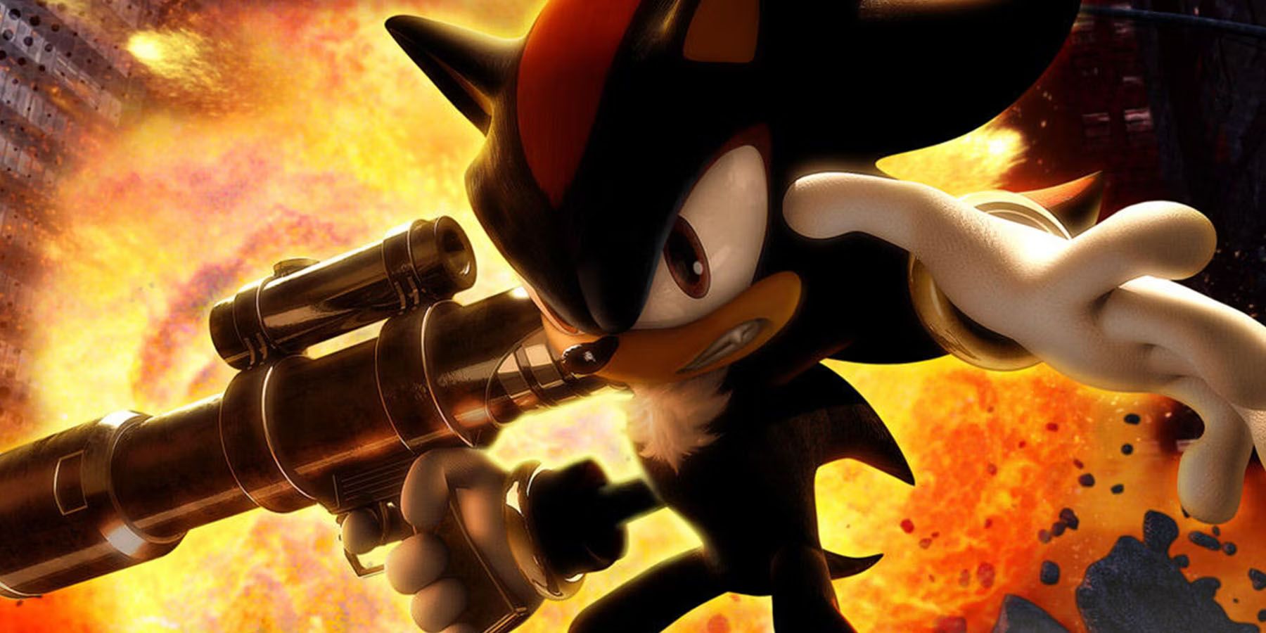 A promotial image of Shadow standing in front of an explosion while holding a gun in the Shadow the Hedgehog game.