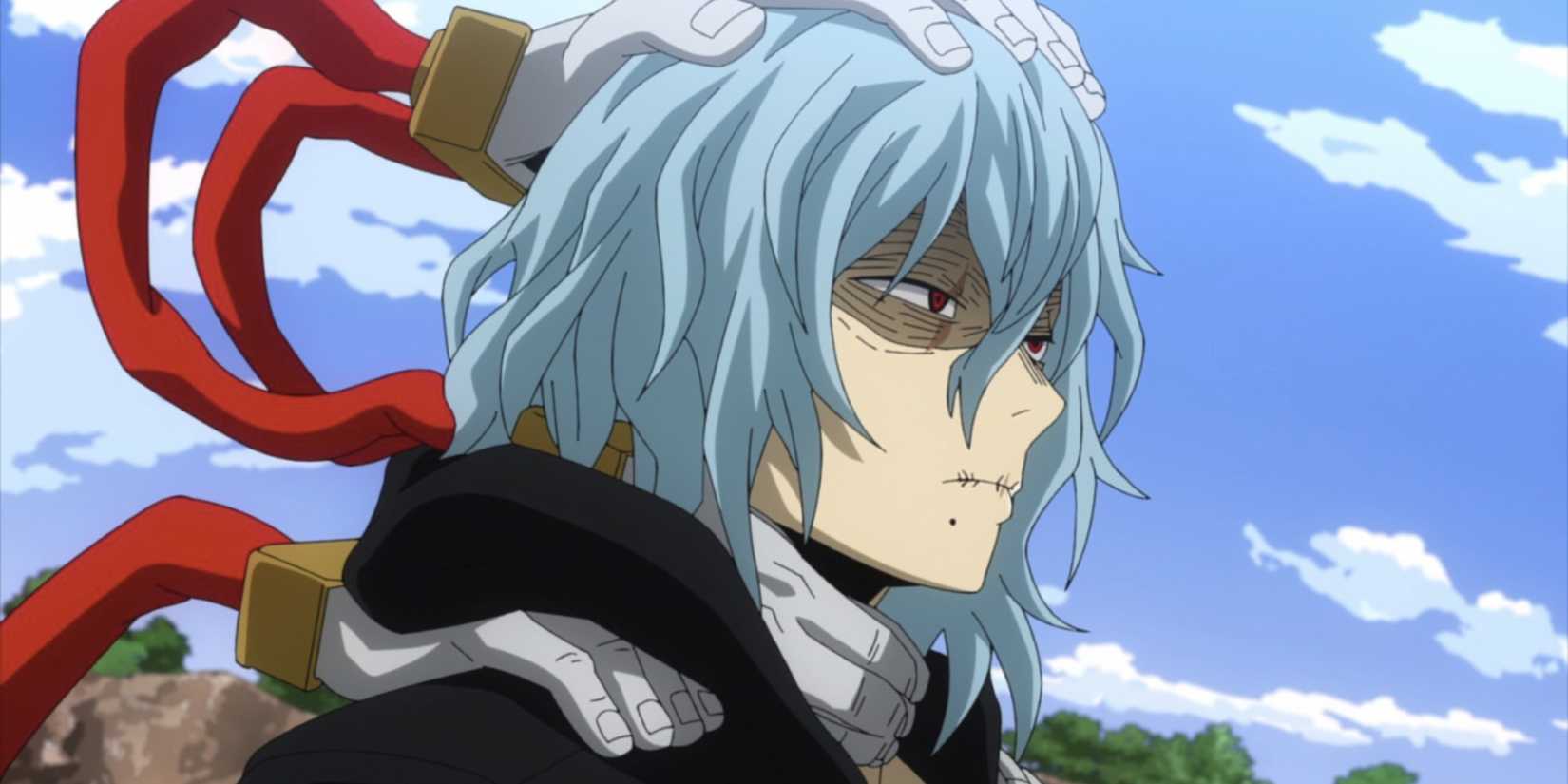 Tomura Shigaraki menatap ke depan selama hari yang cerah dengan ekspresi serius.