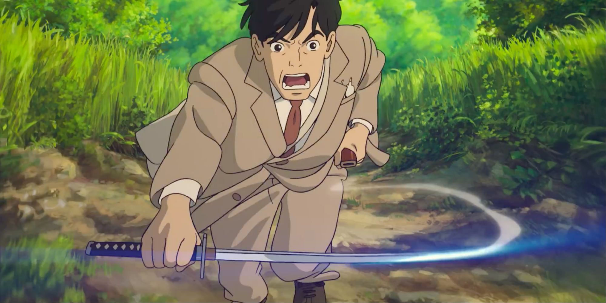 Shoichi empunhando uma espada em O Menino e a Garça