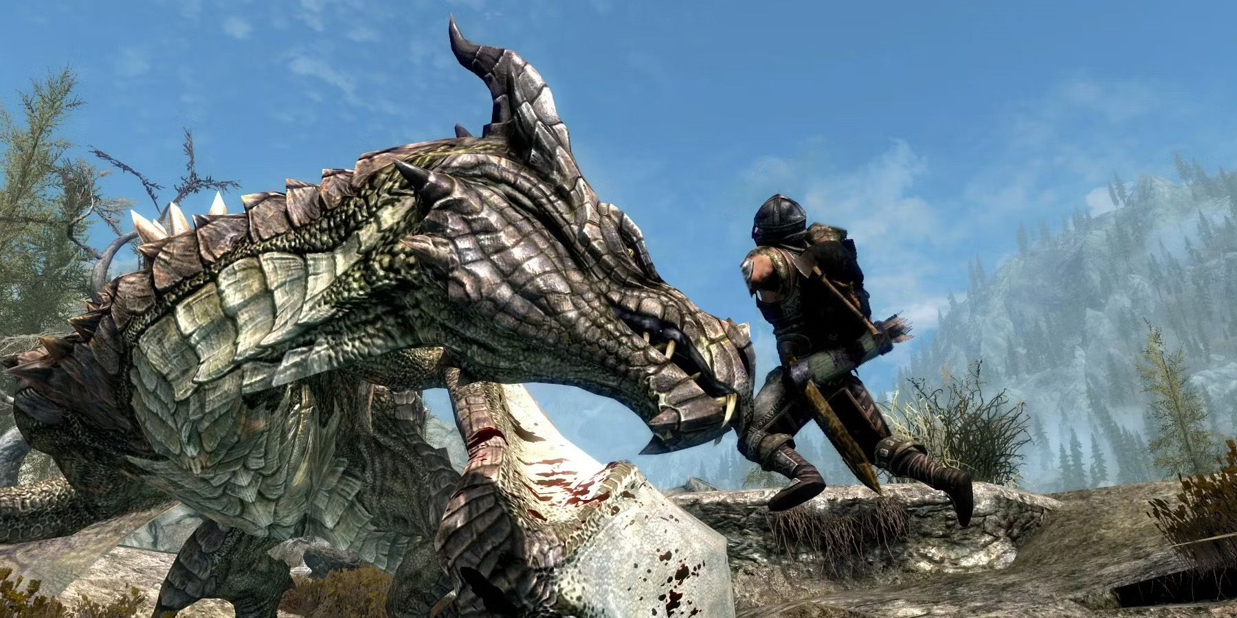 The dragonborn fighting a dragon in Skyrim