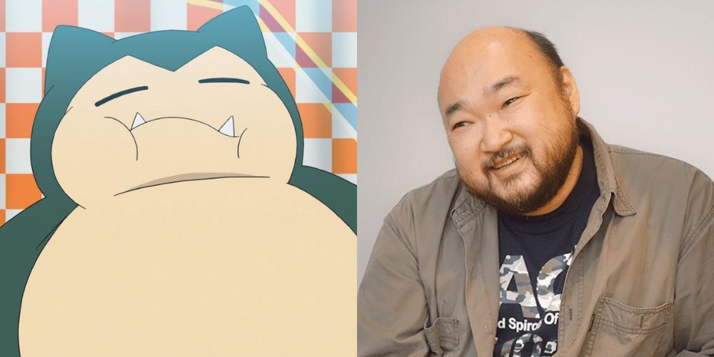 O Pokémon Snorlax ao lado do designer de jogos Kōji Nishino.