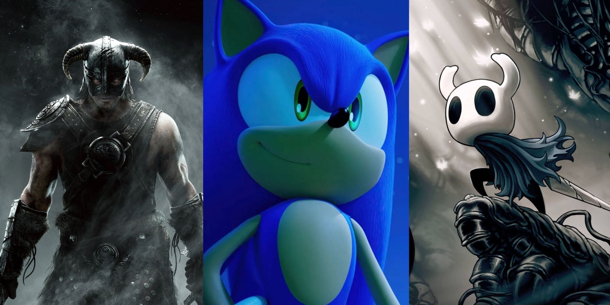 Skyrim key art, sonic the hedgehog and hollow knight