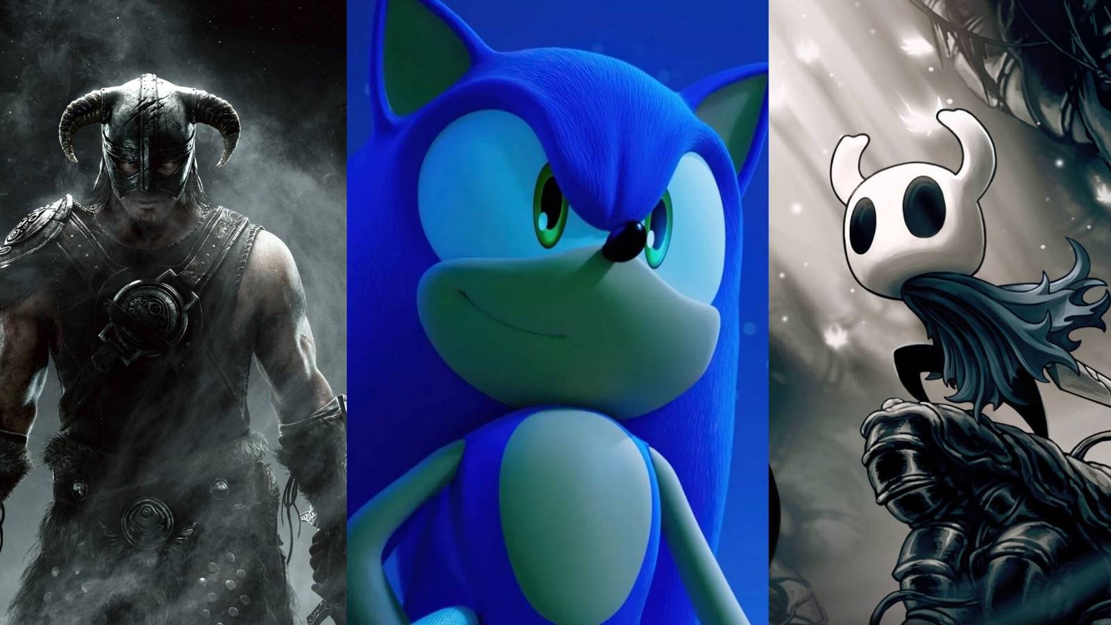 Skyrim key art, sonic the hedgehog and hollow knight