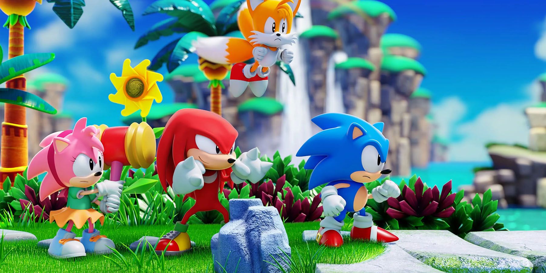 A promotional image of Sonic, Tails, Knuckles, and Amy in Sonic Superstars.