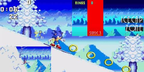 sonic on a snowboard in Ice Cap zone