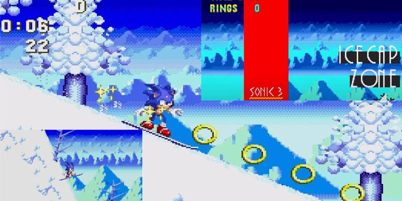 sonic on a snowboard in Ice Cap zone