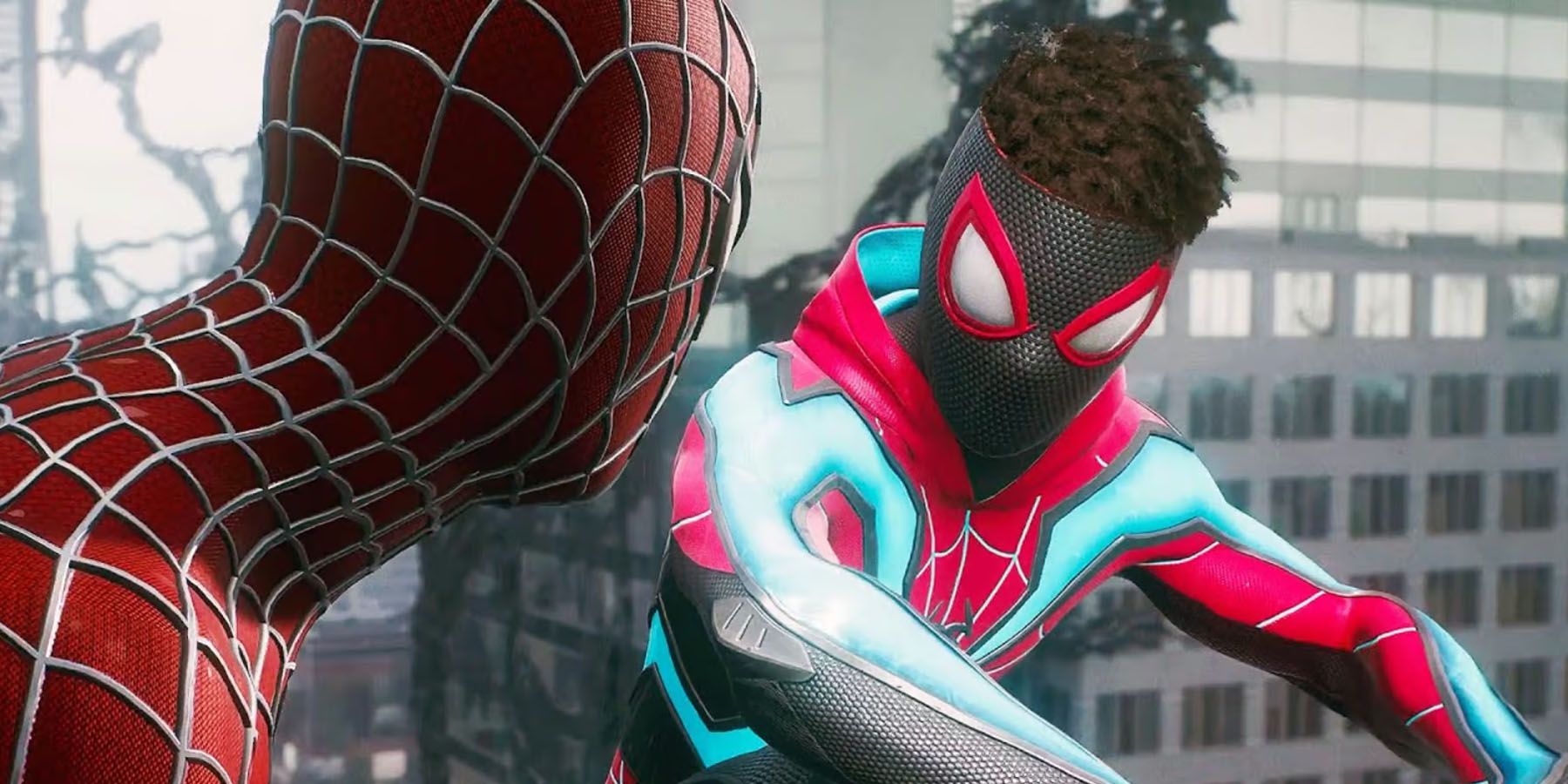 A screenshot of Miles Morales wearing his Evolved Suit next to Peter Paker in Marvel's Spider-Man 2.