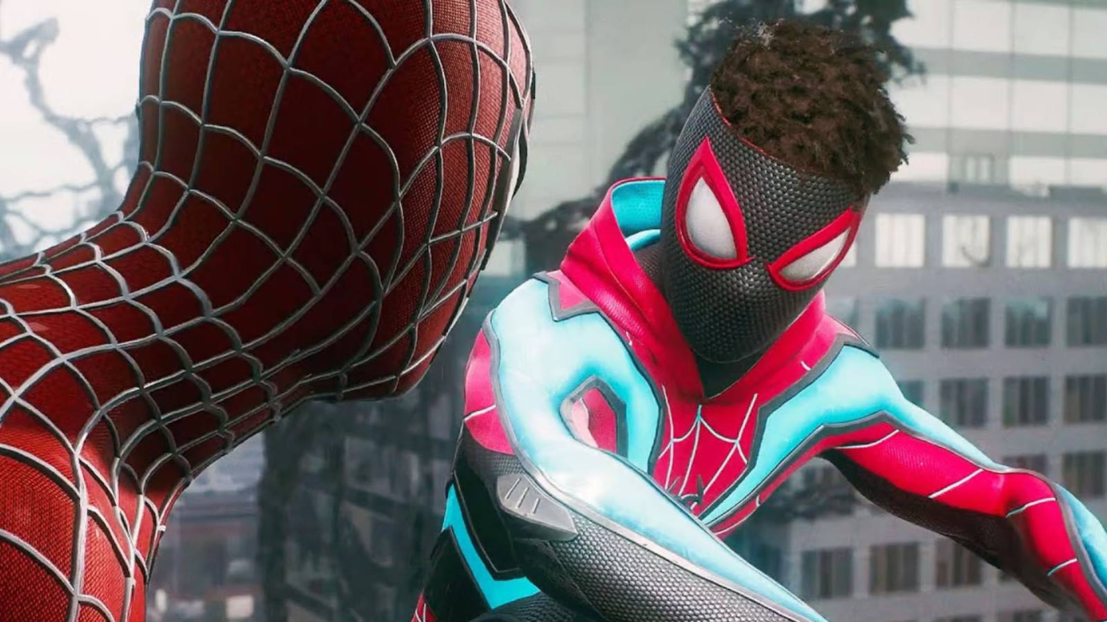 A screenshot of Miles Morales wearing his Evolved Suit next to Peter Paker in Marvel's Spider-Man 2.