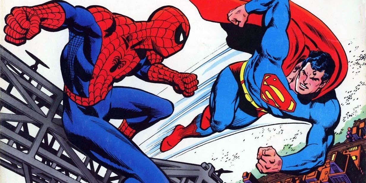 Uma imagem do Homem-Aranha e do Superman lutando