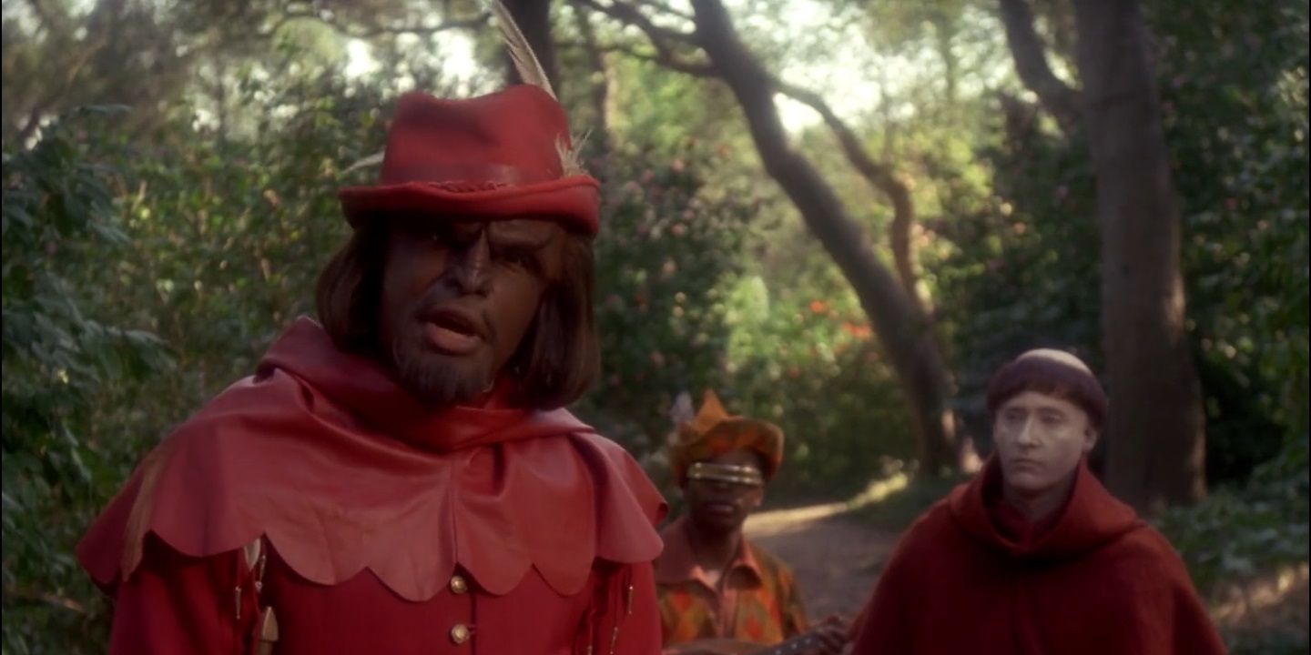 Worf is a not-so-merry man in Q's Robin Hood scenario.