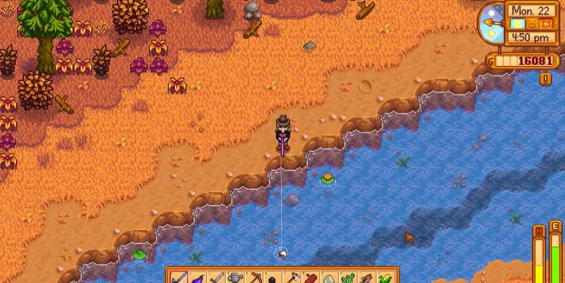Image of a character fishing in the Cindersap Forest River in Stardew Valley