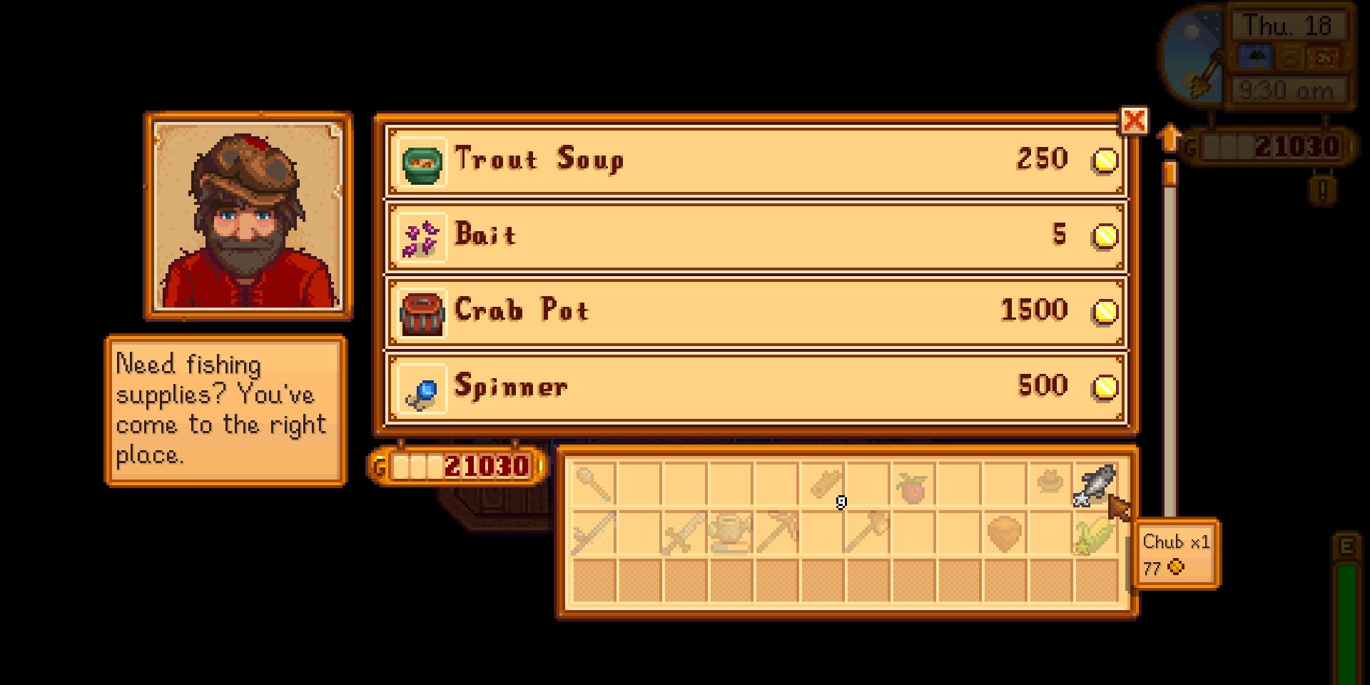 Image of a Chub being sold to Willy in Stardew Valley